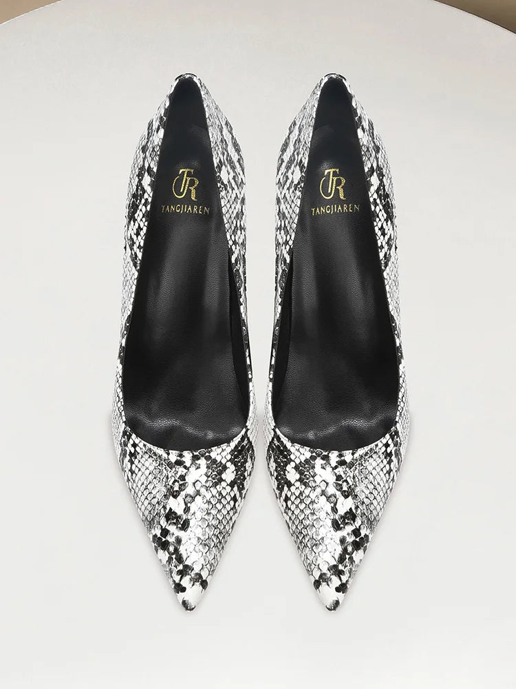 Summer fashion new snake patterned high heels for women slim heels, sexy, shallow mouth, niche temperament, pointed single shoes