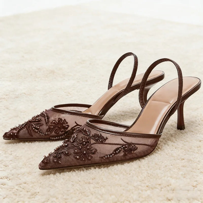 Brown String Bead Mesh Embroider Slingback High Heels Women Sexy Pointed Toe Heeled Sandals Summer Elegant Luxury Designer Shoes