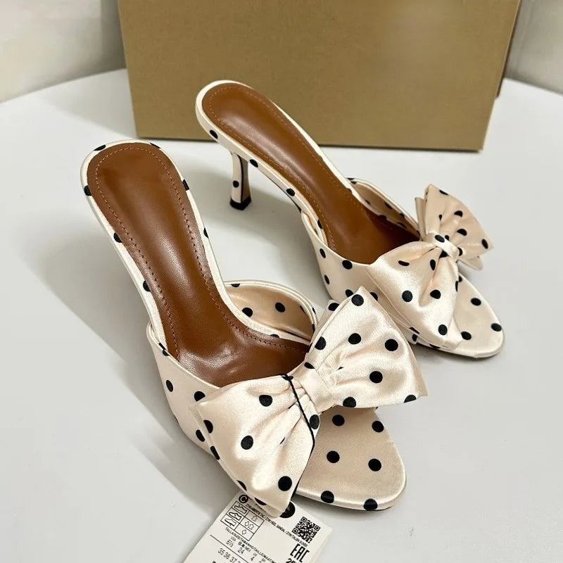 Polka Dot Bowknot Women Mules Sandals Peep Toe Retro Satin Stiletto Slip on Casual Dating Summer High Heels Shoes for Ladies