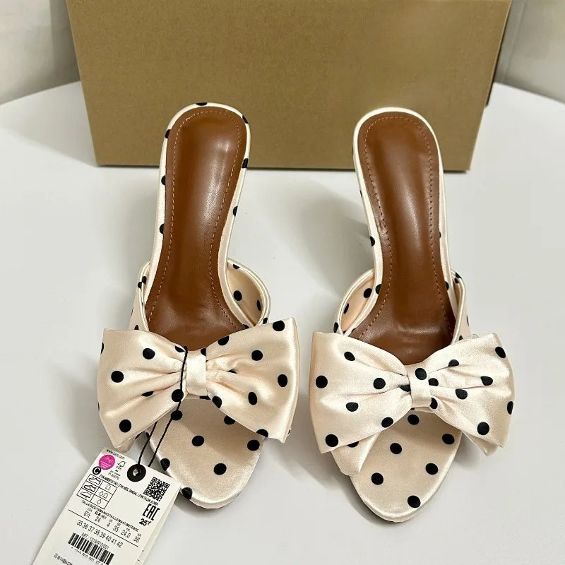 Polka Dot Bowknot Women Mules Sandals Peep Toe Retro Satin Stiletto Slip on Casual Dating Summer High Heels Shoes for Ladies