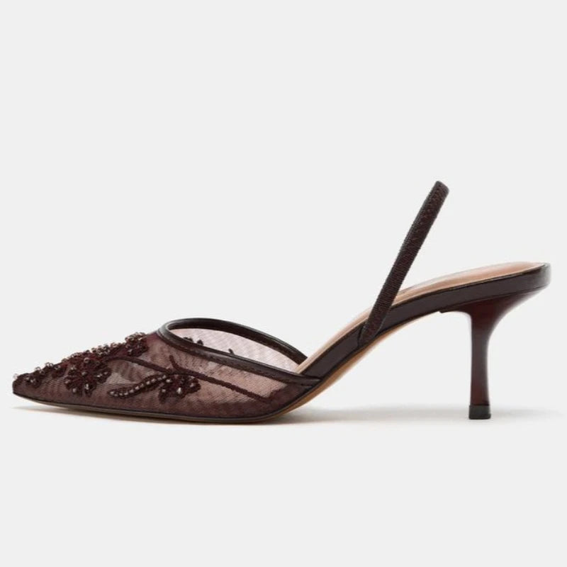 Brown String Bead Mesh Embroider Slingback High Heels Women Sexy Pointed Toe Heeled Sandals Summer Elegant Luxury Designer Shoes